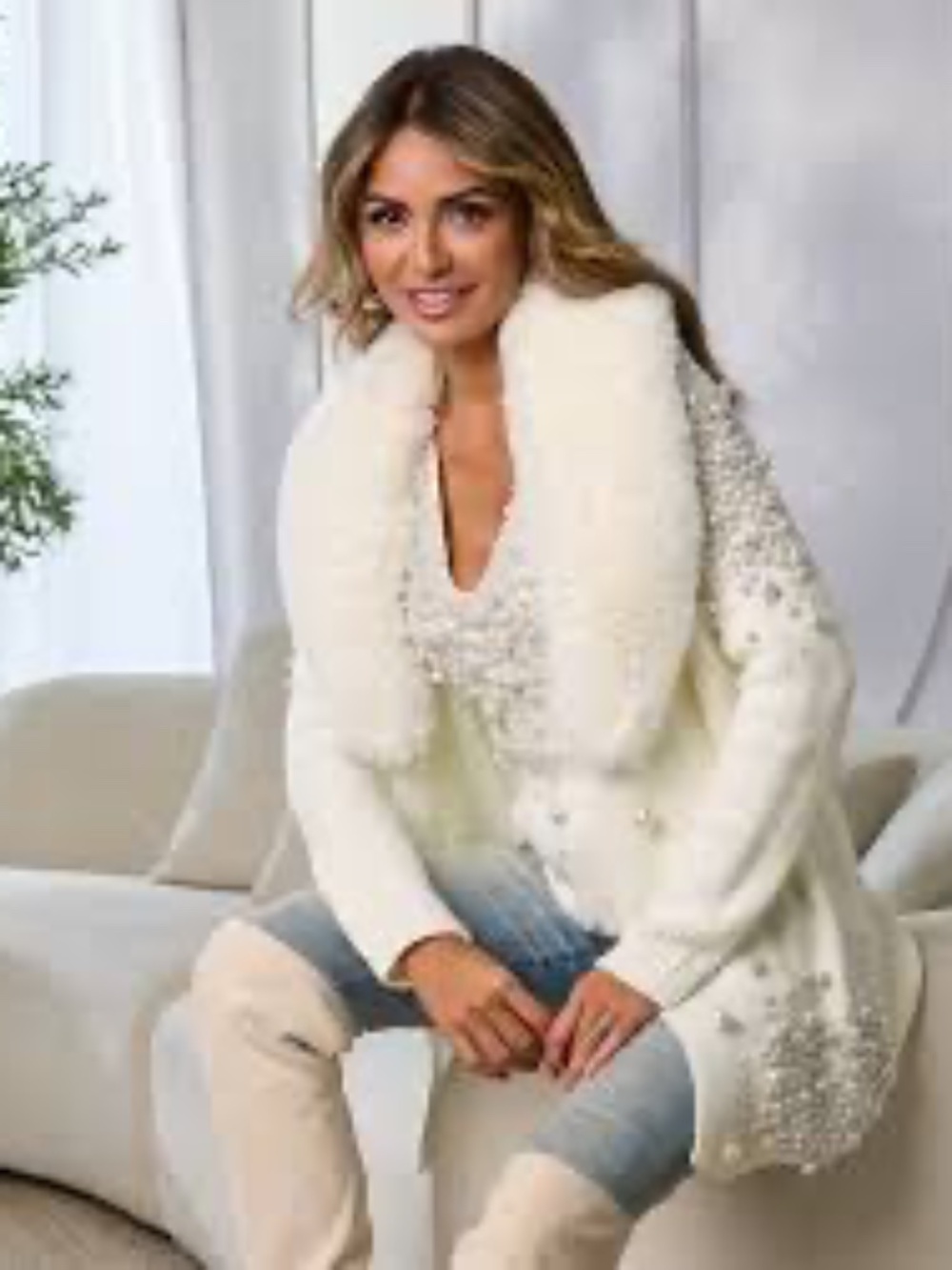 Boston Proper Faux Fur Trim beaded sweater